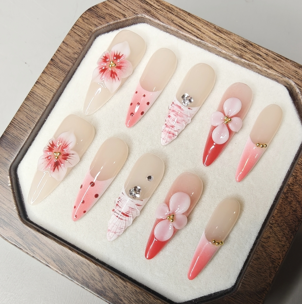 Elegant Pink and Red Floral Stiletto Handmade Press On Nails Set - Picture 7 of 12